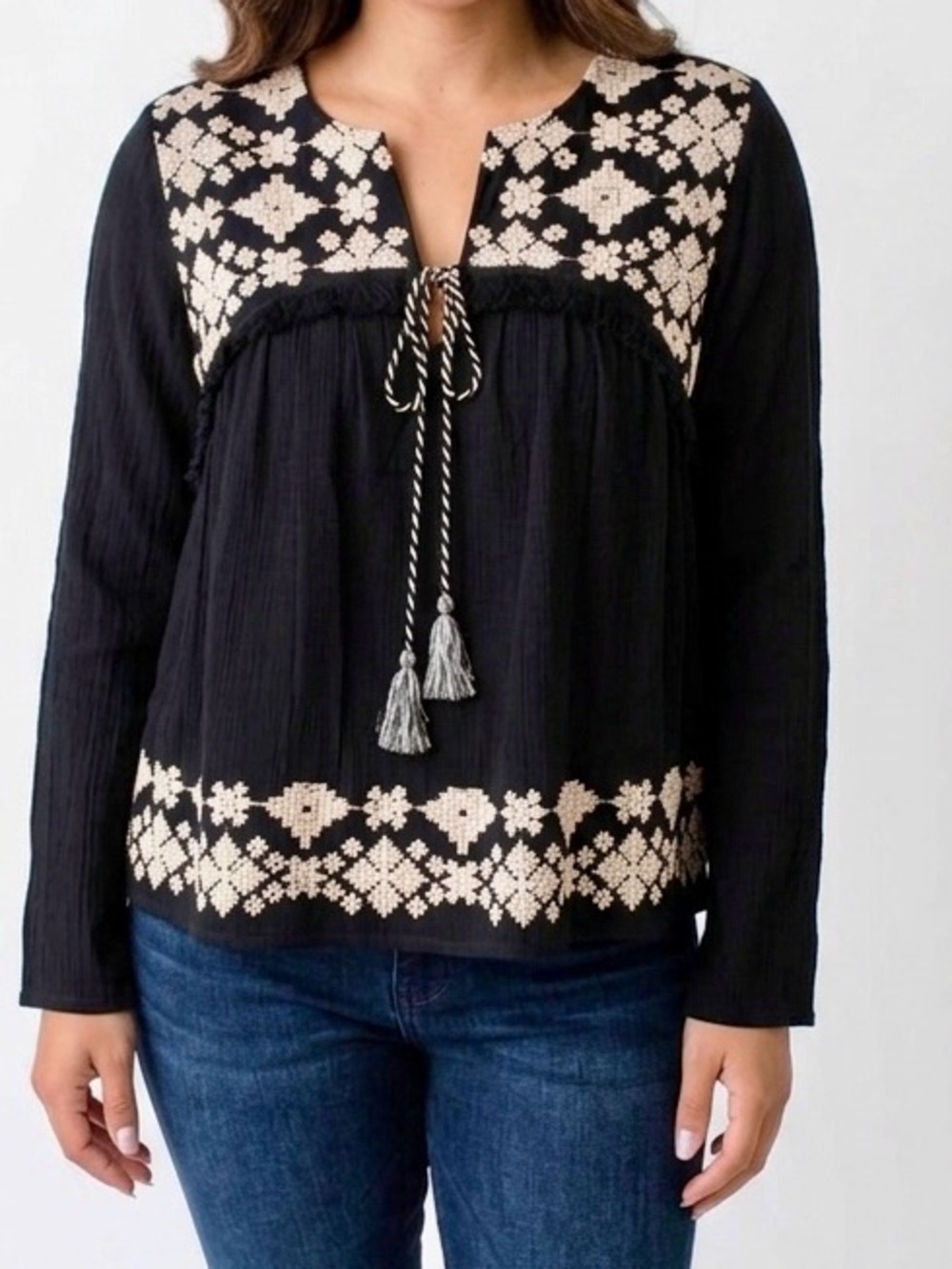 MOSSIMO Bohemian Long Sleeve Black Peasant Blouse Top w White Embroidery